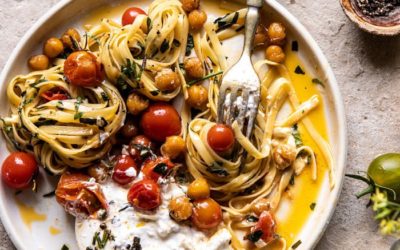 Jammy Cherry Tomato Pasta with Crisp Lemon Rosemary Chickpeas